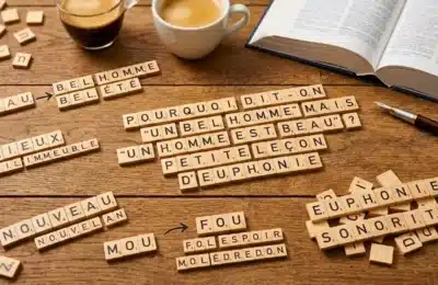 Jeu de lettres formant l’expression « pourquoi dit-on un bel homme » sur une table, avec des exemples de règles d’euphonie en français