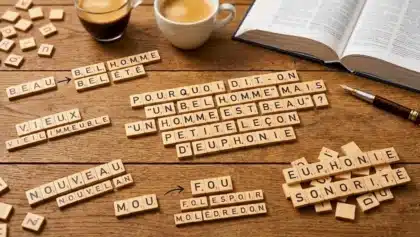 Jeu de lettres formant l’expression « pourquoi dit-on un bel homme » sur une table, avec des exemples de règles d’euphonie en français