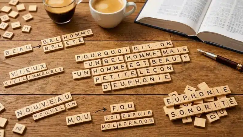Jeu de lettres formant l’expression « pourquoi dit-on un bel homme » sur une table, avec des exemples de règles d’euphonie en français