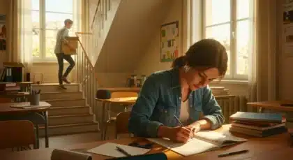 Élève écrivant à son bureau pendant qu’une autre personne monte un escalier, illustrant les différents sens du verbe « monter »