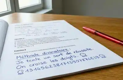 Copie de mathématiques où un élève remplace le calcul par un message humoristique écrit à la main