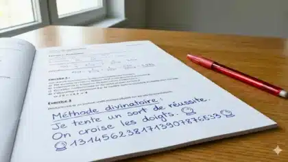 Copie de mathématiques où un élève remplace le calcul par un message humoristique écrit à la main