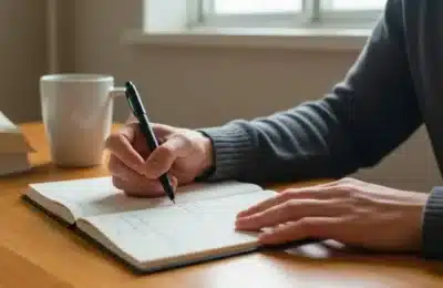 Personne écrivant une note à la main sur un carnet, illustrant la rédaction d’un message et les subtilités du langage écrit.