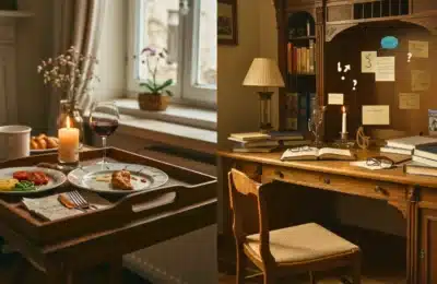 Plateau repas près d’une fenêtre et bureau d’étude avec livres et notes illustrant le lien entre repas, horaires et langage