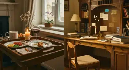 Plateau repas près d’une fenêtre et bureau d’étude avec livres et notes illustrant le lien entre repas, horaires et langage