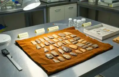 Ensemble de 29 outils en pierre du Paléolithique supérieur disposés sur un tissu, analysés en laboratoire archéologique sous éclairage scientifique.
