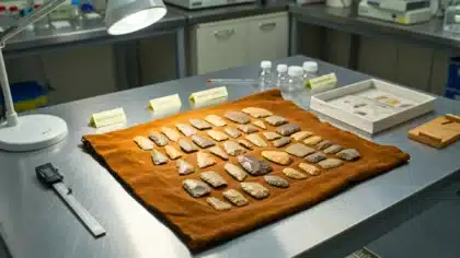 Ensemble de 29 outils en pierre du Paléolithique supérieur disposés sur un tissu, analysés en laboratoire archéologique sous éclairage scientifique.