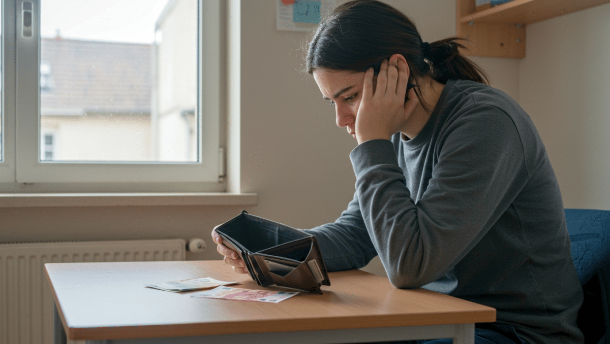 Étudiante assise à une table regardant un portefeuille vide, illustrant les difficultés financières liées à la suppression des APL.