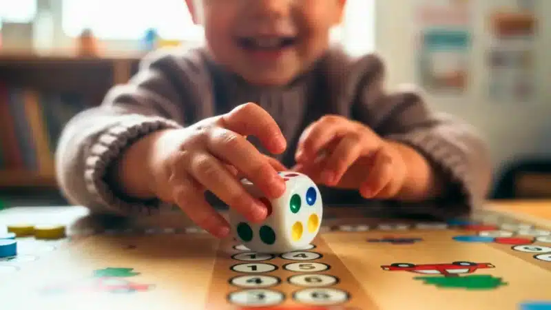 Enfant lançant un dé sur un jeu de société éducatif pour apprendre à compter et reconnaître les nombres