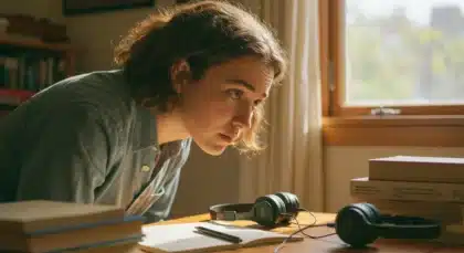 Étudiante concentrée penchée sur un bureau avec livres et casque audio, illustrant la règle d’écriture de « tout ouïe »