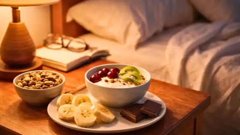 Bol de yaourt grec avec kiwi et cerises, accompagné de banane, fruits à coque et chocolat noir sur une table de chevet éclairée par une lampe, dans une chambre le soir.