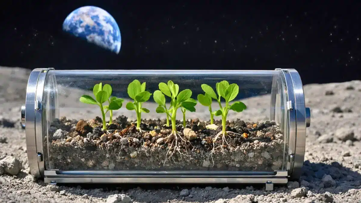 De jeunes pousses de pois chiches cultivées dans un conteneur transparent rempli de régolithe lunaire simulé, posé à la surface de la Lune avec la Terre visible à l’horizon.