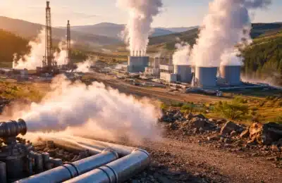 Une centrale géothermique avec des puits de forage et des conduites libérant de la vapeur dans un paysage naturel montagneux.