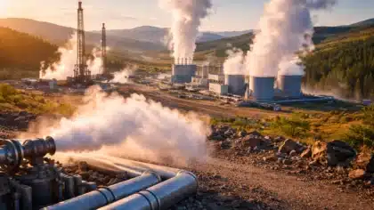 Une centrale géothermique avec des puits de forage et des conduites libérant de la vapeur dans un paysage naturel montagneux.
